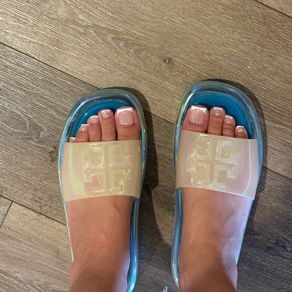 Tory Burch ridescent Blue Slide Sandals bubble jelly